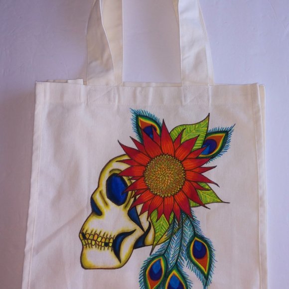 Hand-Painted Skull Tote Bag: Sunflower & Peacock Feather Art 14x13x7 - Picture 5 of 16